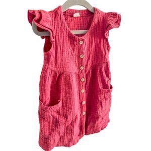 red cotton girls dress button up flutter sleeves two front pockets 24M Red 10
